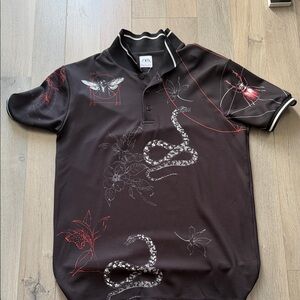 Zara Black and Red Graphic Polo Shirt